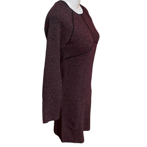 Zara Knit Sheath Dress Metallic Long Sleeves Crew Neck  Black Maroon Gold Medium - Picture 4 of 8